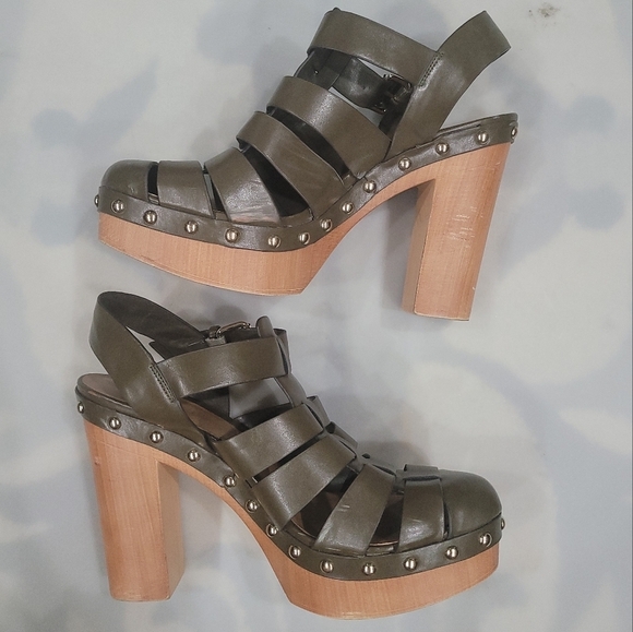 Leather Nine West Cage Chunky Heel Sandals Sz 10 Army Green Fisherman Clogs - Picture 10 of 12